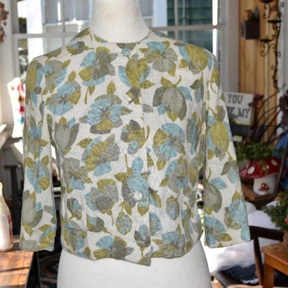 Vintage 1960s Betty Hartford Floral Cropped Balero Jacket Aqua Olive Small